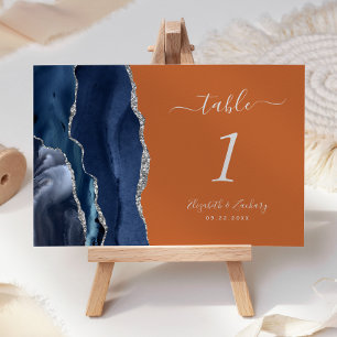 Navy Blue Silver Agate Burnt Orange Wedding Table Number