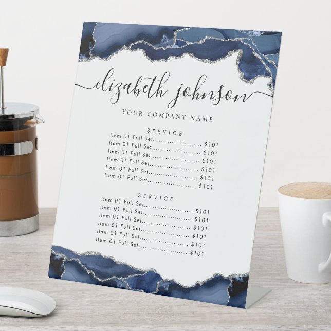 Navy Blue Silver Agate Business Company Price Pedestal Sign (In SItu)