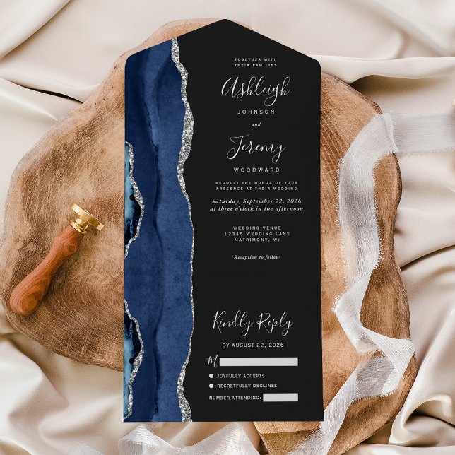 Navy Blue Silver Agate Dark Wedding All In One Invitation (Creator Uploaded)