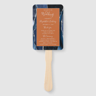 Navy Blue Silver Agate Dark Wedding Program Hand Fan