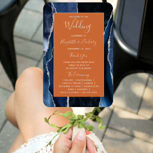 Navy Blue Silver Agate Dark Wedding Program Hand Fan