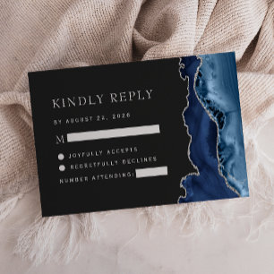 Navy Blue Silver Agate Dark Wedding RSVP Card