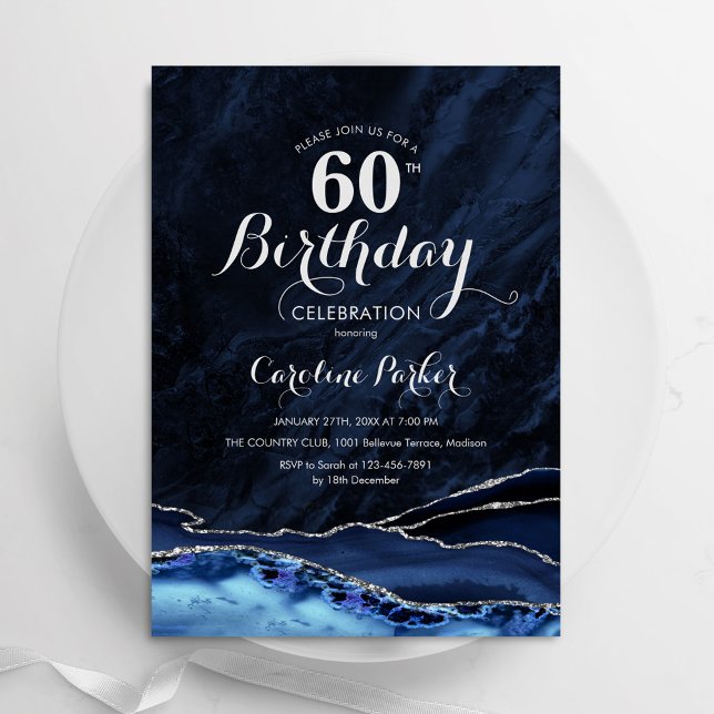 Navy Blue Silver Agate Marble 60th Birthday Invitation (Creator Uploaded)
