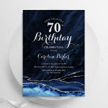 Navy Blue Silver Agate Marble 70th Birthday<br><div class="desc">Navy blue and silver agate 70th birthday party invitation. Elegant modern design featuring royal blue watercolor agate marble geode background,  faux glitter silver and typography script font. Trendy invite card perfect for a stylish women's bday celebration. Printed Zazzle invitations or instant download digital printable template.</div>