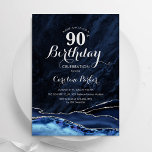 Navy Blue Silver Agate Marble 90th Birthday Invitation<br><div class="desc">Navy blue and silver agate 90th birthday party invitation. Elegant modern design featuring royal blue watercolor agate marble geode background,  faux glitter silver and typography script font. Trendy invite card perfect for a stylish women's bday celebration. Printed Zazzle invitations or instant download digital printable template.</div>