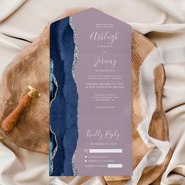 Navy Blue Silver Agate Mauve Wedding All In One Invitation (Creator Uploaded)