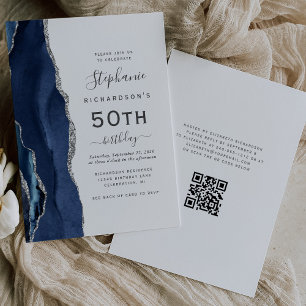 Navy Blue Silver Agate QR Code 50th Birthday Invitation