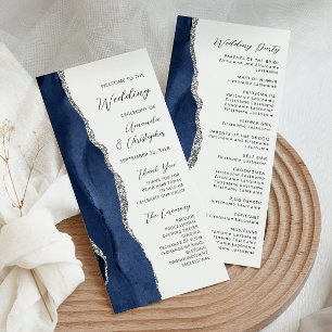Navy Blue Silver Agate Script Wedding Program
