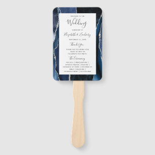 Navy Blue Silver Agate Wedding Program Hand Fan