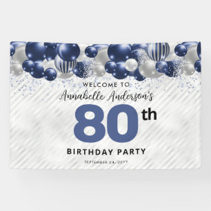 Navy Blue Silver Balloon 80th Birthday Welcome Banner