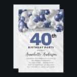 Navy Blue Silver Balloon Glitter 40th Birthday Invitation<br><div class="desc">Modern Glam Navy Blue Silver Balloon Glitter Sparkle Any Age Birthday Invitation</div>