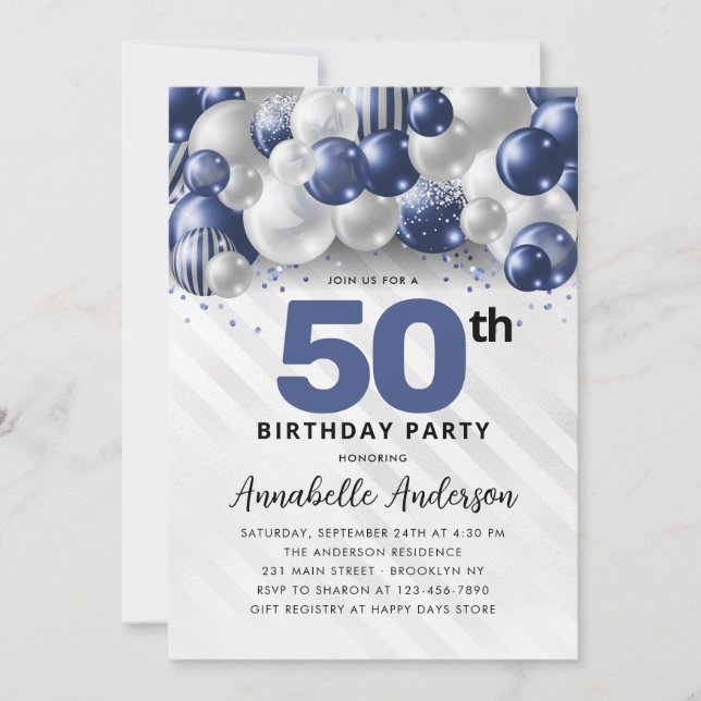 Navy Blue Silver Balloon Glitter 50th Birthday Invitation (Front)