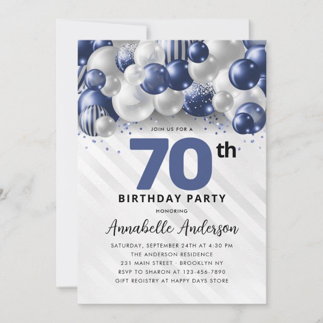 Navy Blue Silver Balloon Glitter 70th Birthday Invitation (Front)