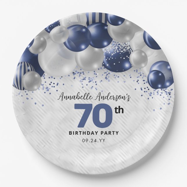 Navy Blue Silver Balloon Glitter 70th Birthday Paper Plate (Front)