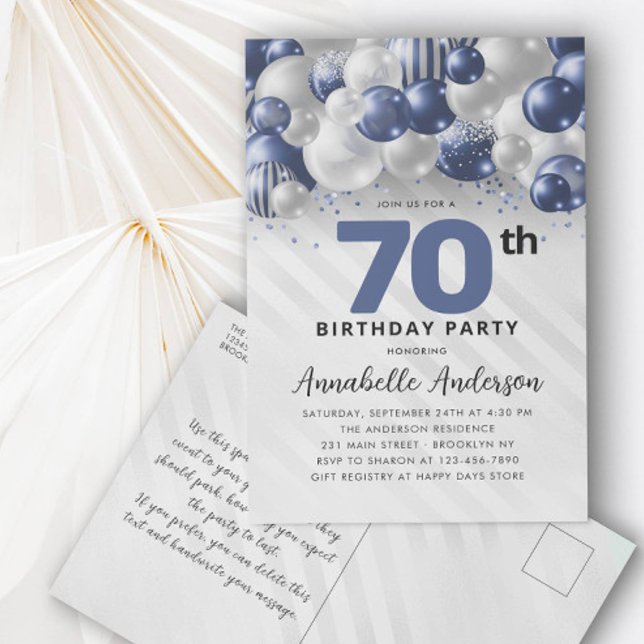 Navy Blue Silver Balloon Glitter 70th Birthday Postcard (Creator Uploaded)