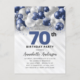 Navy Blue Silver Balloon Glitter 70th Birthday  Postcard