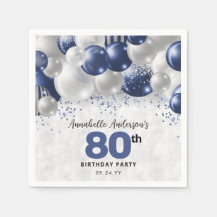 Navy Blue Silver Balloon Glitter 80th Birthday Napkin