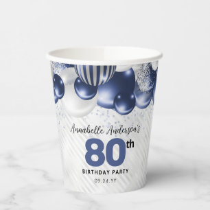 Navy Blue Silver Balloon Glitter 80th Birthday Paper Cups