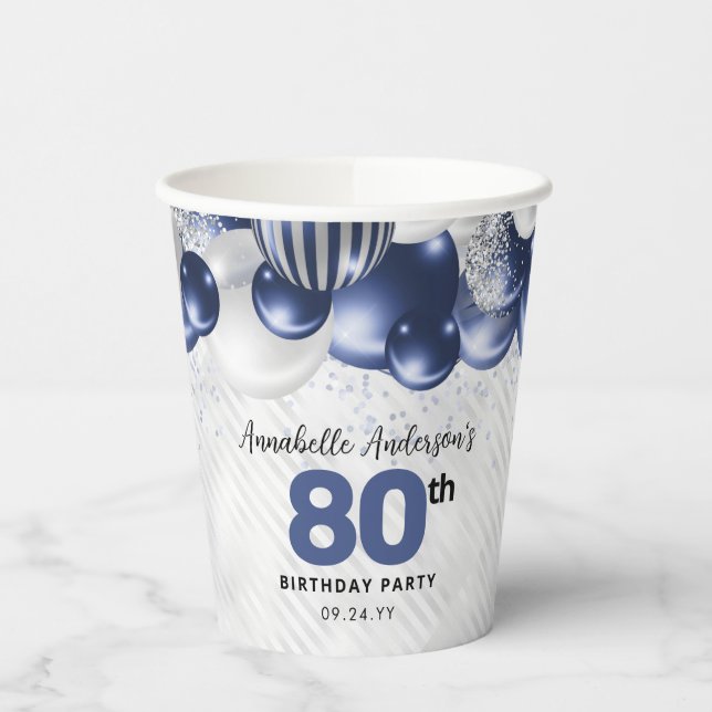 Navy Blue Silver Balloon Glitter 80th Birthday Paper Cups (Left)