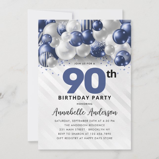 Navy Blue Silver Balloon Glitter 90th Birthday Invitation (Front)