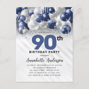 Navy Blue Silver Balloon Glitter 90th Birthday Postcard