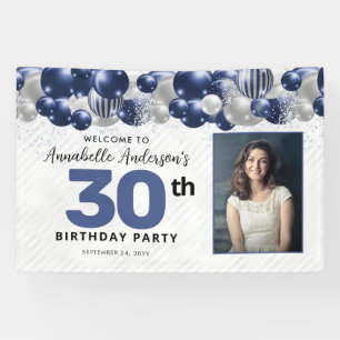 Navy Blue Silver Balloon Glitter Photo Welcome Banner