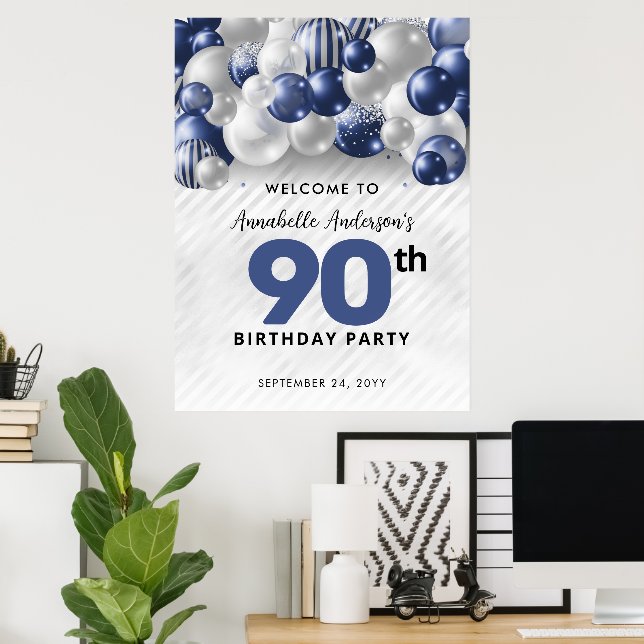 Navy Blue Silver Balloon Welcome 90th Birthday Poster (Home Office)
