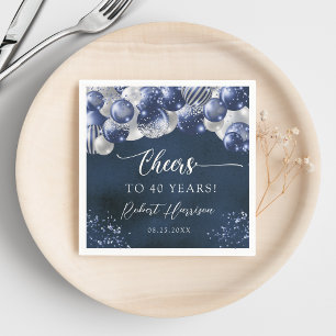 Navy Blue & Silver Balloons Cheers Birthday Custom Napkin