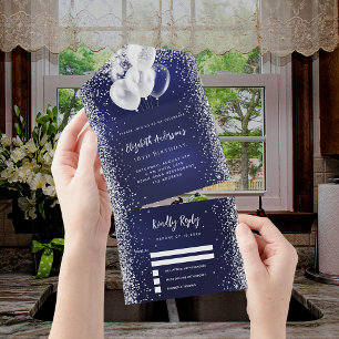 Navy blue silver balloons glitter birthday rsvp all in one invitation
