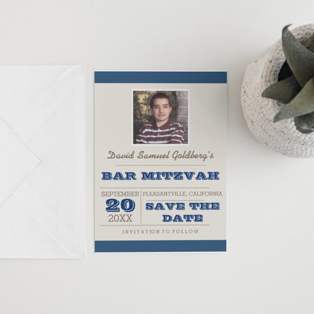 Navy Blue & Silver Bar Mitzvah Save the Date Announcement Postcard (Creator Uploaded)