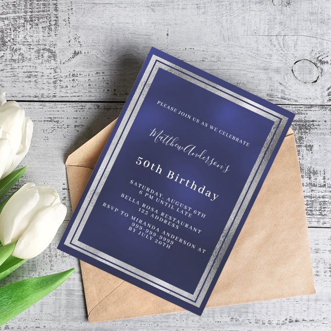 Navy blue silver birthday invitation (Creator Uploaded)