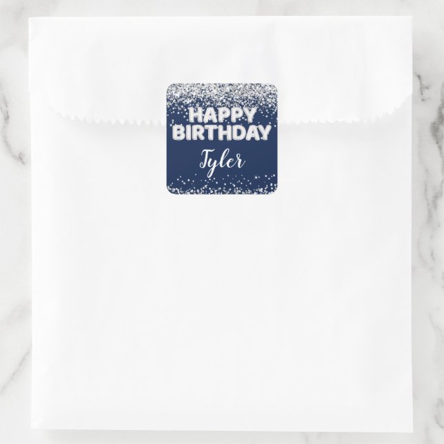 Navy Blue Silver Birthday Party Favour Square Sticker (Bag)