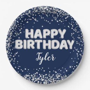 Navy Blue Silver Birthday Party Paper Plate