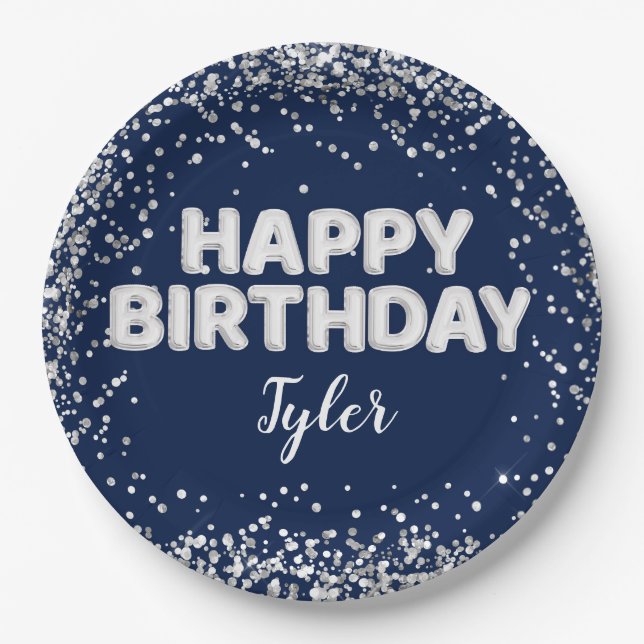Navy Blue Silver Birthday Party Paper Plate (Front)