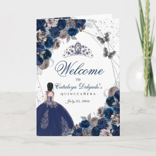 Navy Blue Silver Butterfly Quinceanera Program Invitation