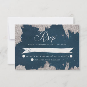 Navy Blue Silver Celestial Star Wedding RSVP Card