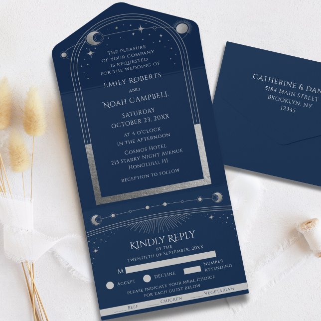 Navy Blue Silver Celestial Sun Moon Stars Wedding All In One Invitation (Creator Uploaded)