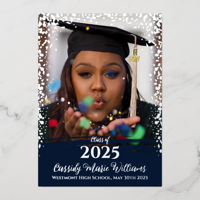 Navy Blue Silver Confetti Graduation Announcement (Front)
