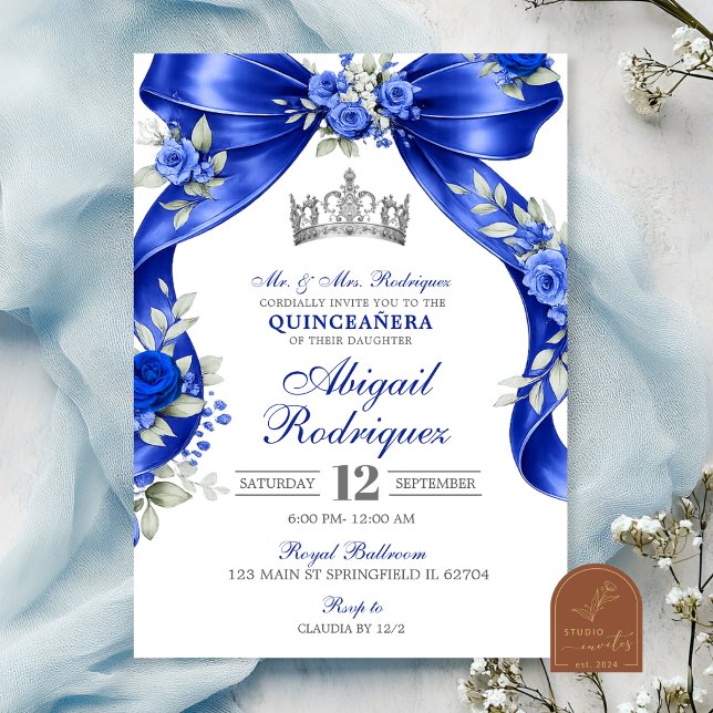 Navy blue Silver Coquette Quinceanera Invitation (Creator Uploaded)