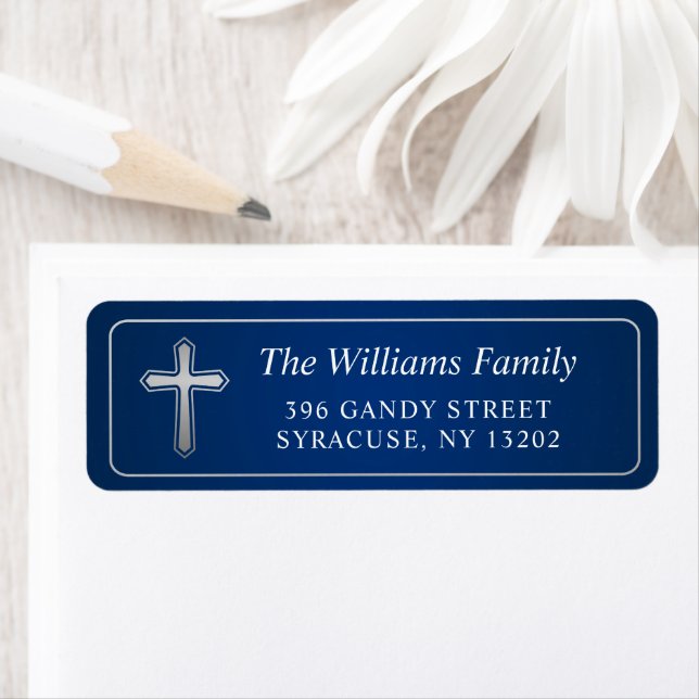 Navy Blue Silver Cross Religious Return Address (Insitu)