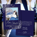 Navy Blue & Silver Curls Photo & Note Wedding Thank You Card<br><div class="desc">These beautiful navy blue & grey coloured wedding thank you cards feature your photo in a faux foil silver frame surrounded by ornate silver curls and swirls. The caption is written in elegant script lettering and reads: Love and Thanks, with your names below. The back has room for a custom...</div>