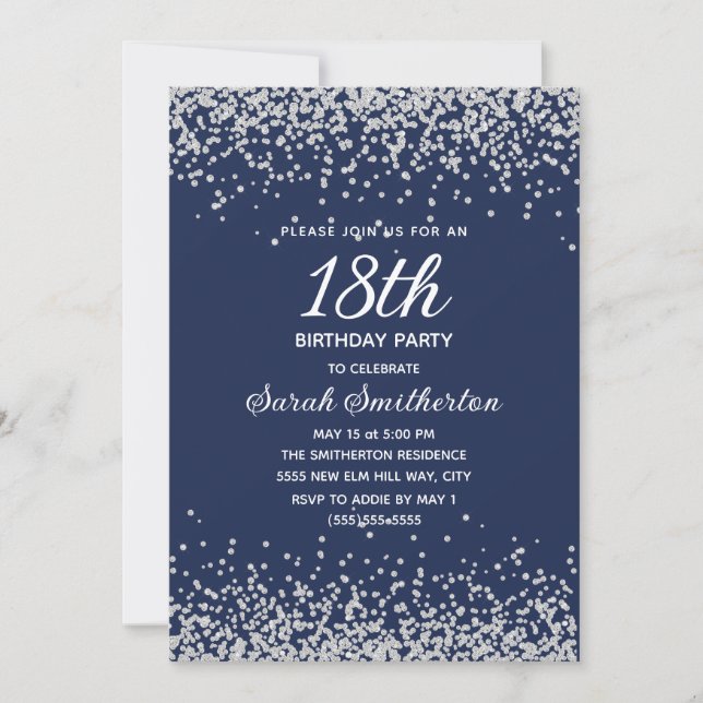 Navy Blue Silver Diamond Glitter 18th Birthday Invitation (Front)