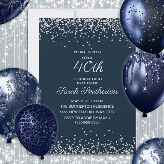 Navy Blue Silver Diamond Glitter 40th Birthday Invitation (Navy blue and silver glitter women's 40th birthday party invitation)