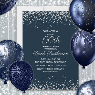 Navy Blue Silver Diamond Glitter 50th Birthday Invitation