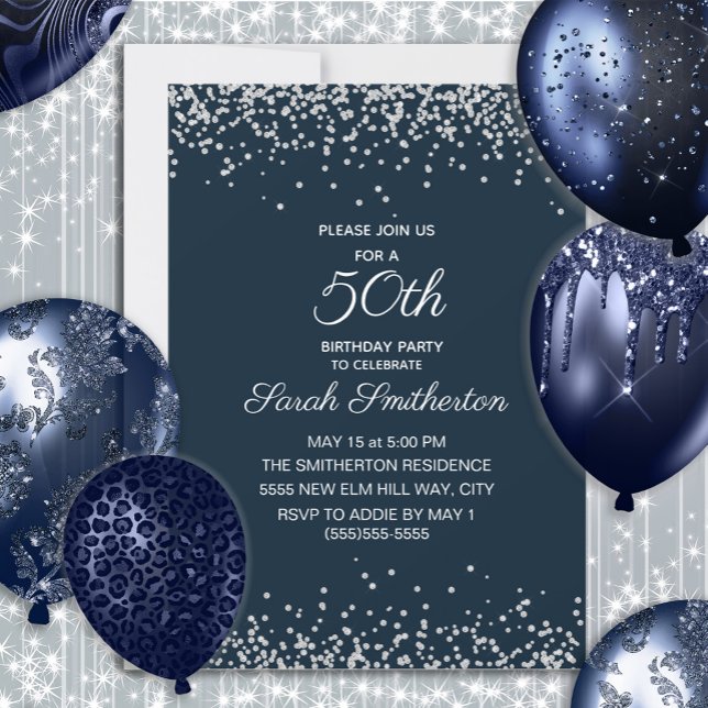 Navy Blue Silver Diamond Glitter 50th Birthday Invitation (Navy blue and silver glitter women's 50th birthday invitation)