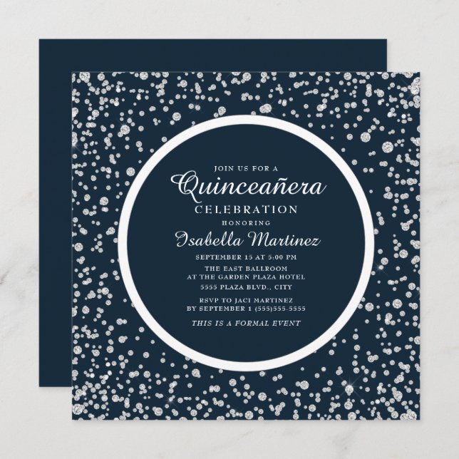 Navy Blue Silver Diamond Glitter Quinceañera Invitation (Front/Back)