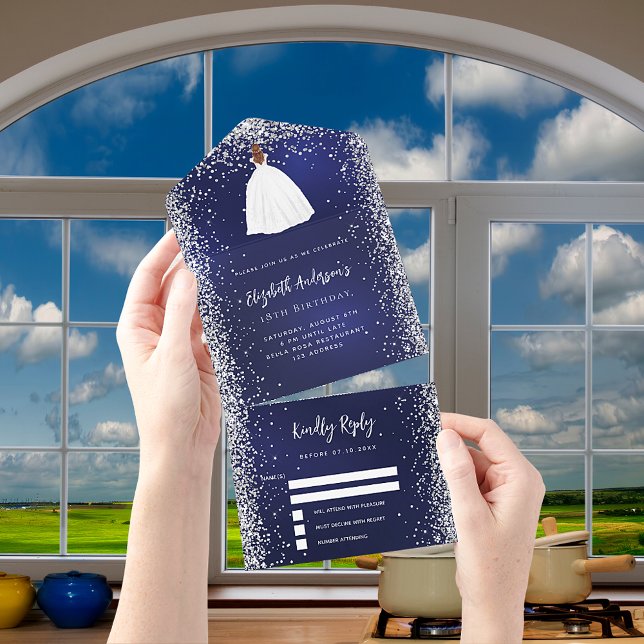 Navy blue silver dress glitter birthday rsvp all in one invitation (Creator Uploaded)