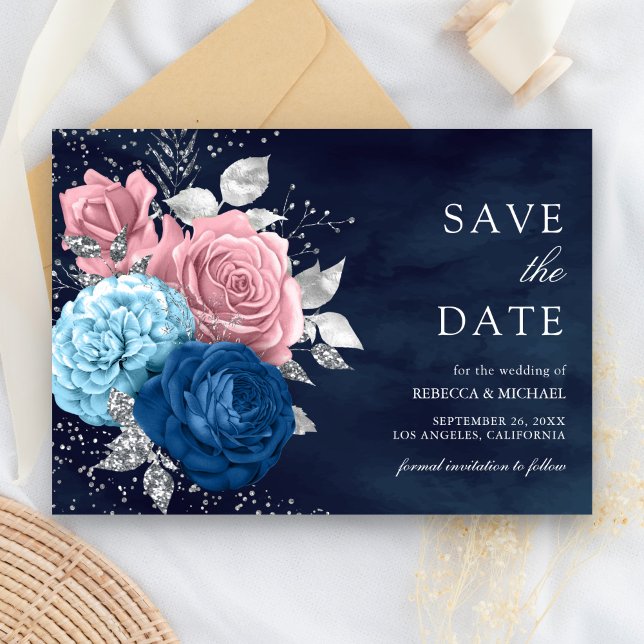Navy Blue Silver Dusty Pink Floral Wedding Save The Date (Creator Uploaded)