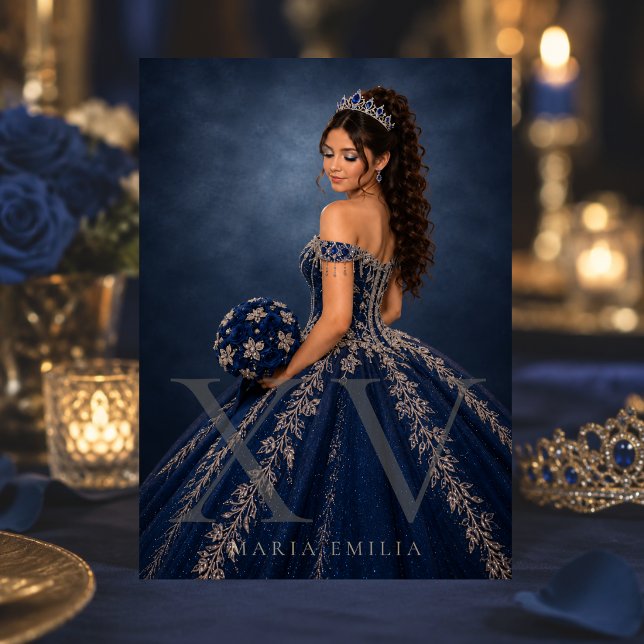 Navy Blue Silver Editorial Quinceañera Invitation (Creator Uploaded)