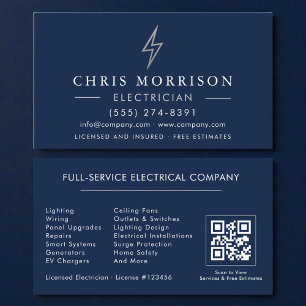 Navy Blue Silver Electrician QR Code  Business Card